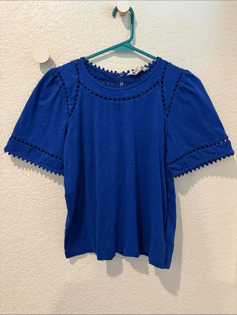 Boden Blue Short Sleeve Top with Crochet Pom Trim